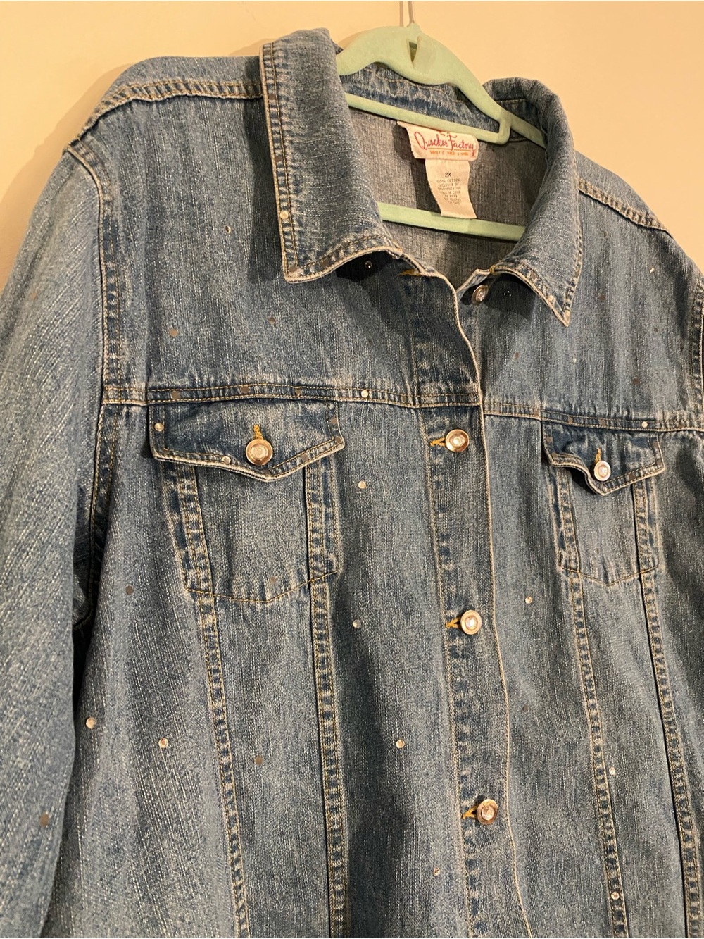 Quacker Factory Medium Blue Denim Jacket with Pearl Studs